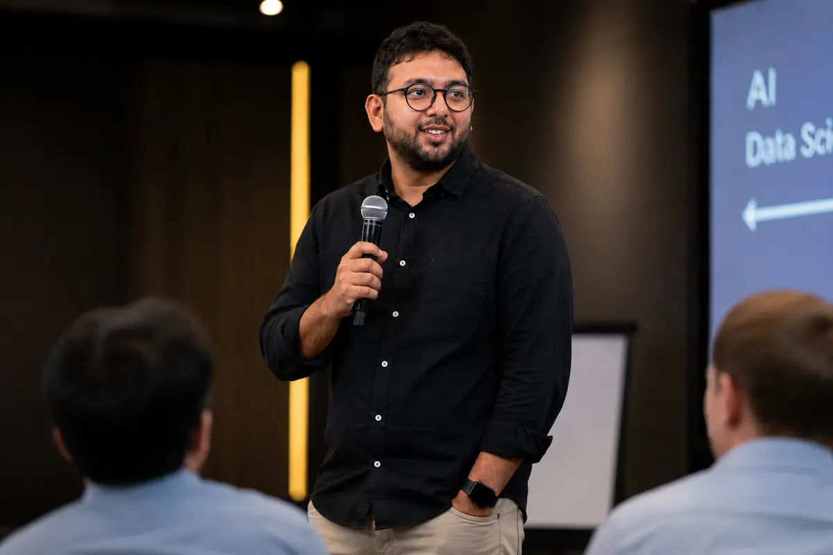 Neel Shah speaking during a technical session